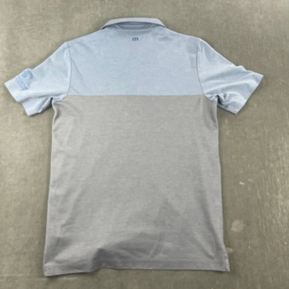 TravisMathew Mens M Blue Grey Polo Shirt Four Seasons Golf Striped Logo